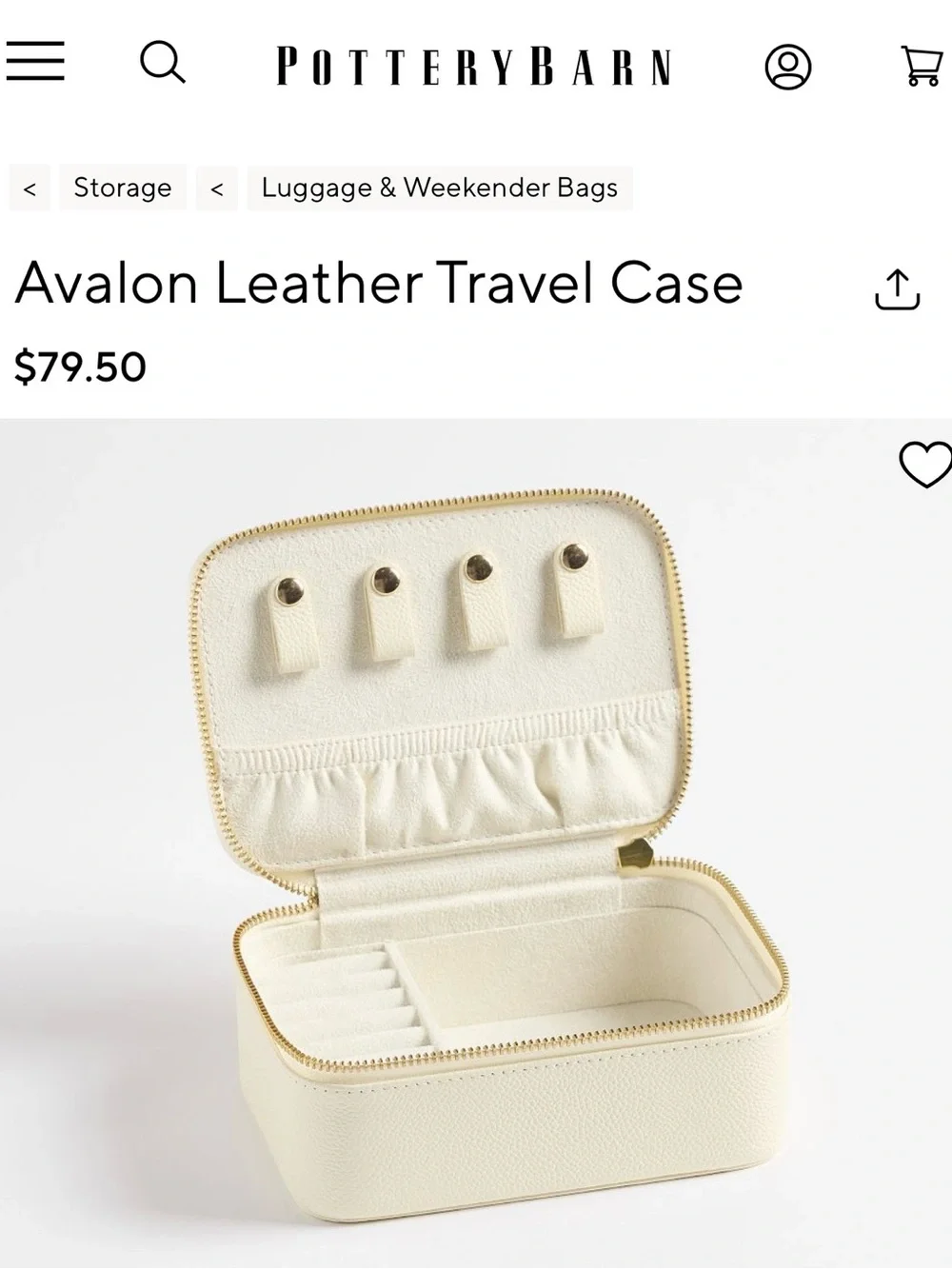 NEW Pottery Barn Avalon Leather Jewelry Travel Case Box rectangle zippered GIFT